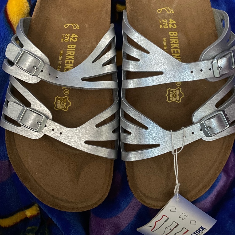 BRAND NEW in box BIRKENSTOCK silver metallic Granada Birkoflor sandals